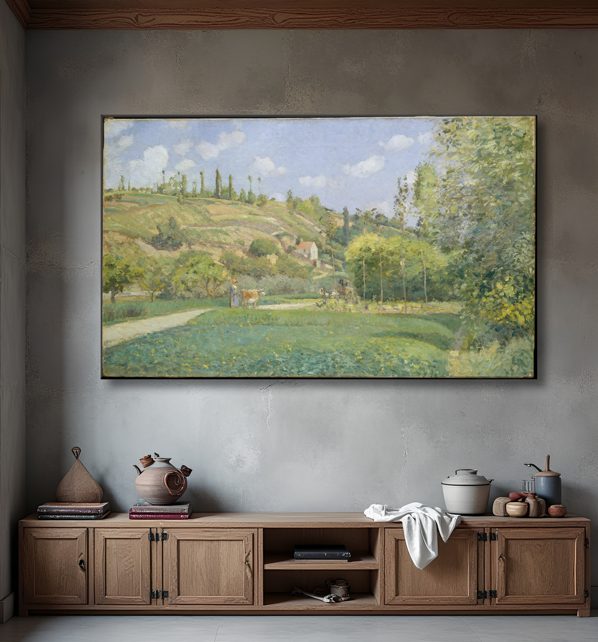 Reproduction A Cowherd at Valhermeil, Auvers-sur-Oise de Camille Pissarro avec decor