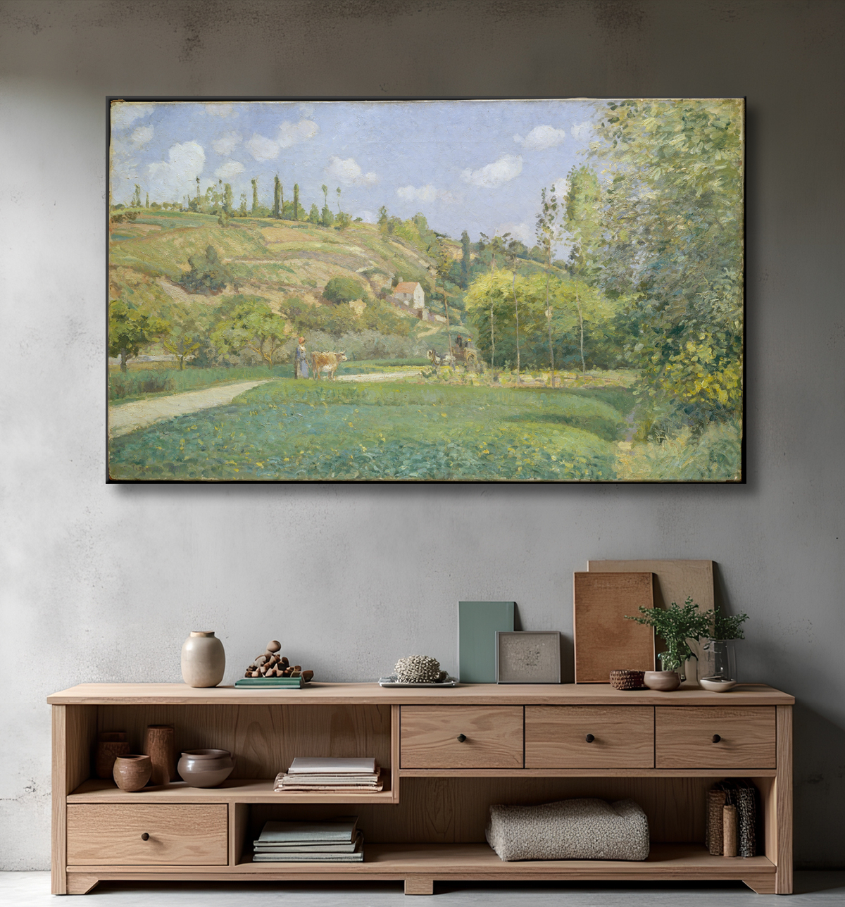 Reproduction A Cowherd at Valhermeil, Auvers-sur-Oise de Camille Pissarro avec decor