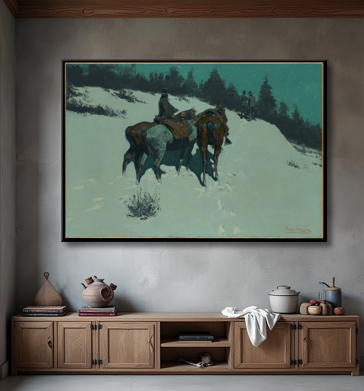 Reproduction A Reconnaissance de Frederic Remington avec decor