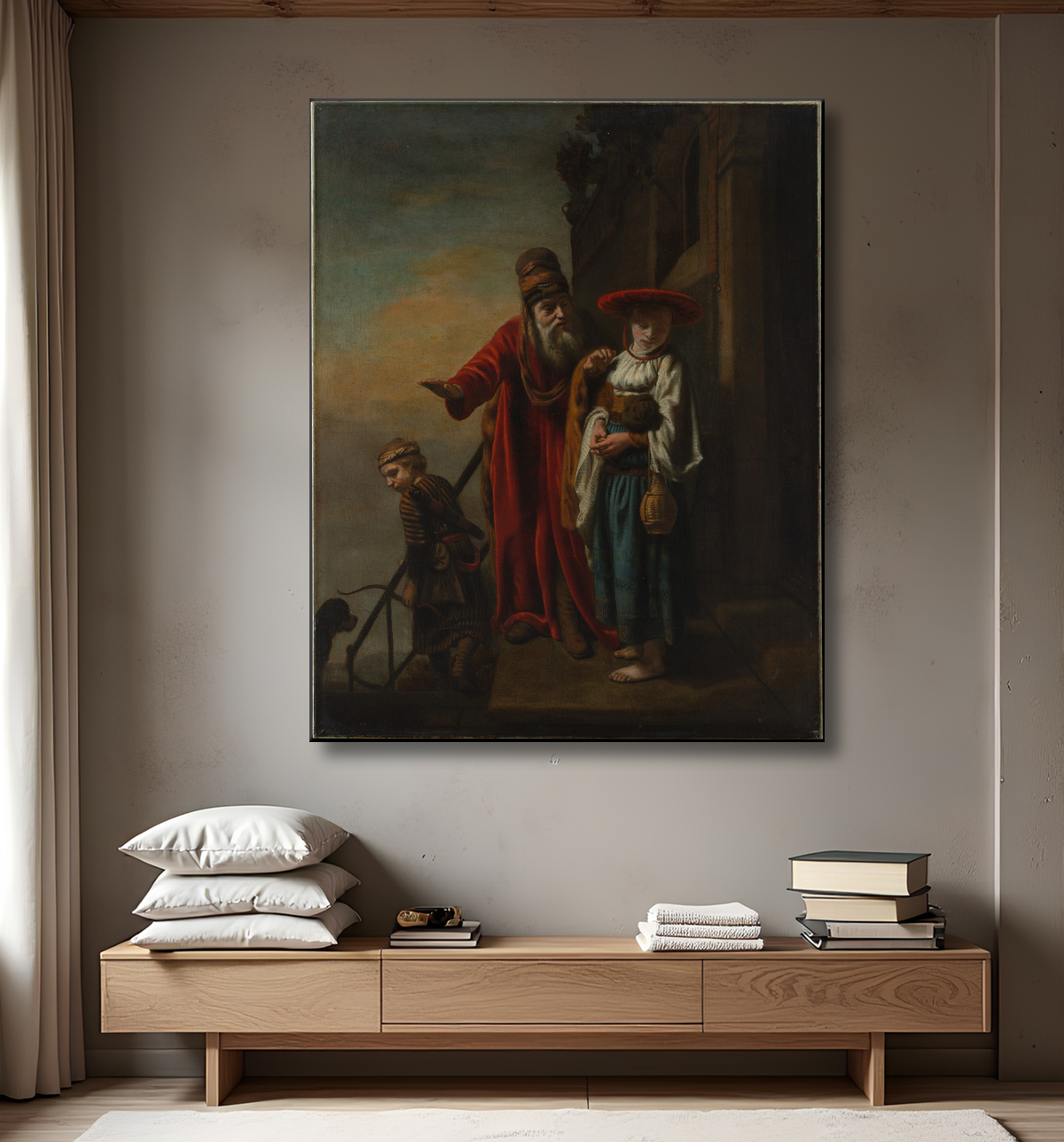 Reproduction Abraham rejetant Agar et Ismaël de Nicolaes Maes avec decor