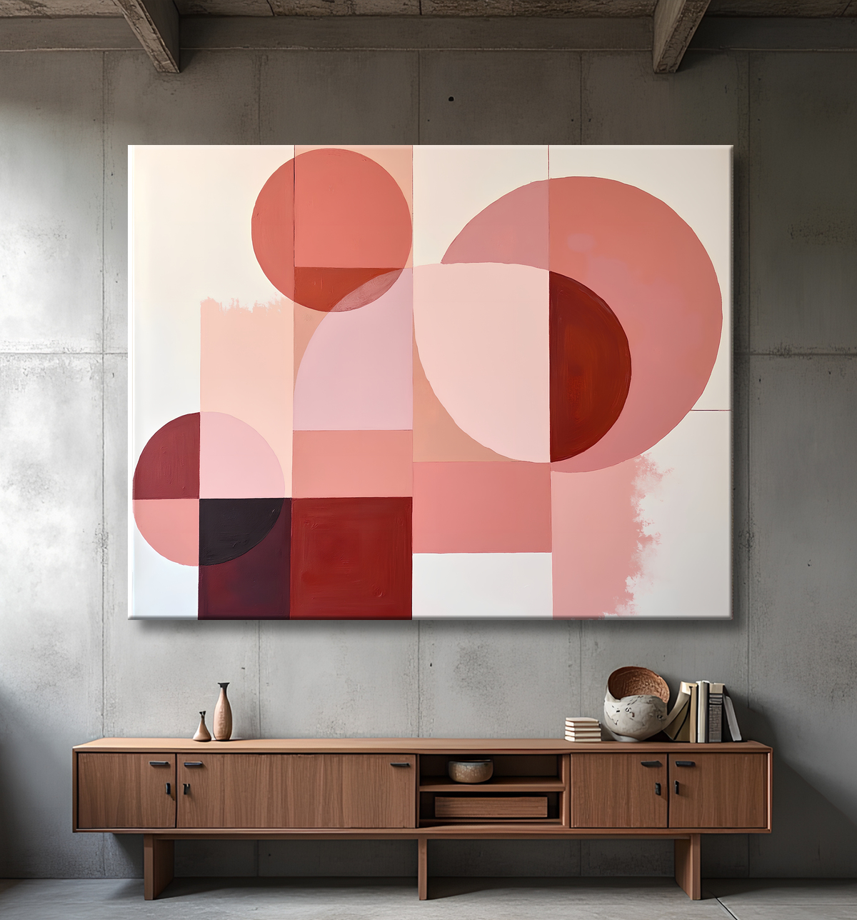 Tableau abstrait rose avec decor