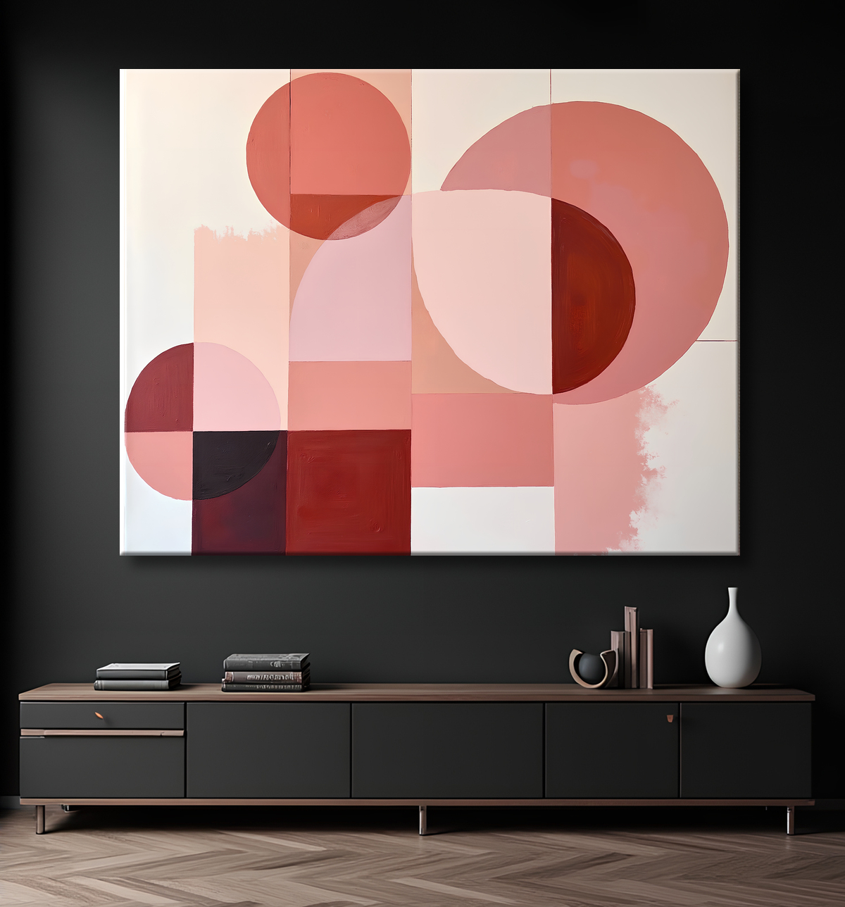 Tableau abstrait rose avec decor