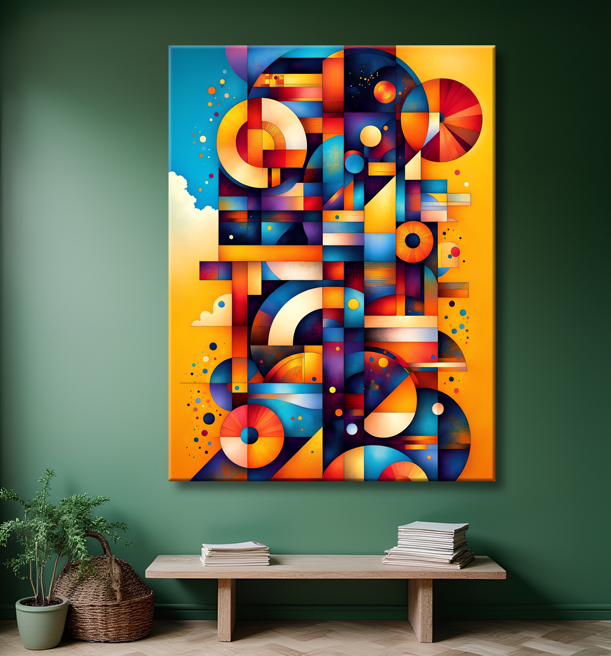 Tableau abstrait motifs africains géométriques et couleurs éclatantes avec decor