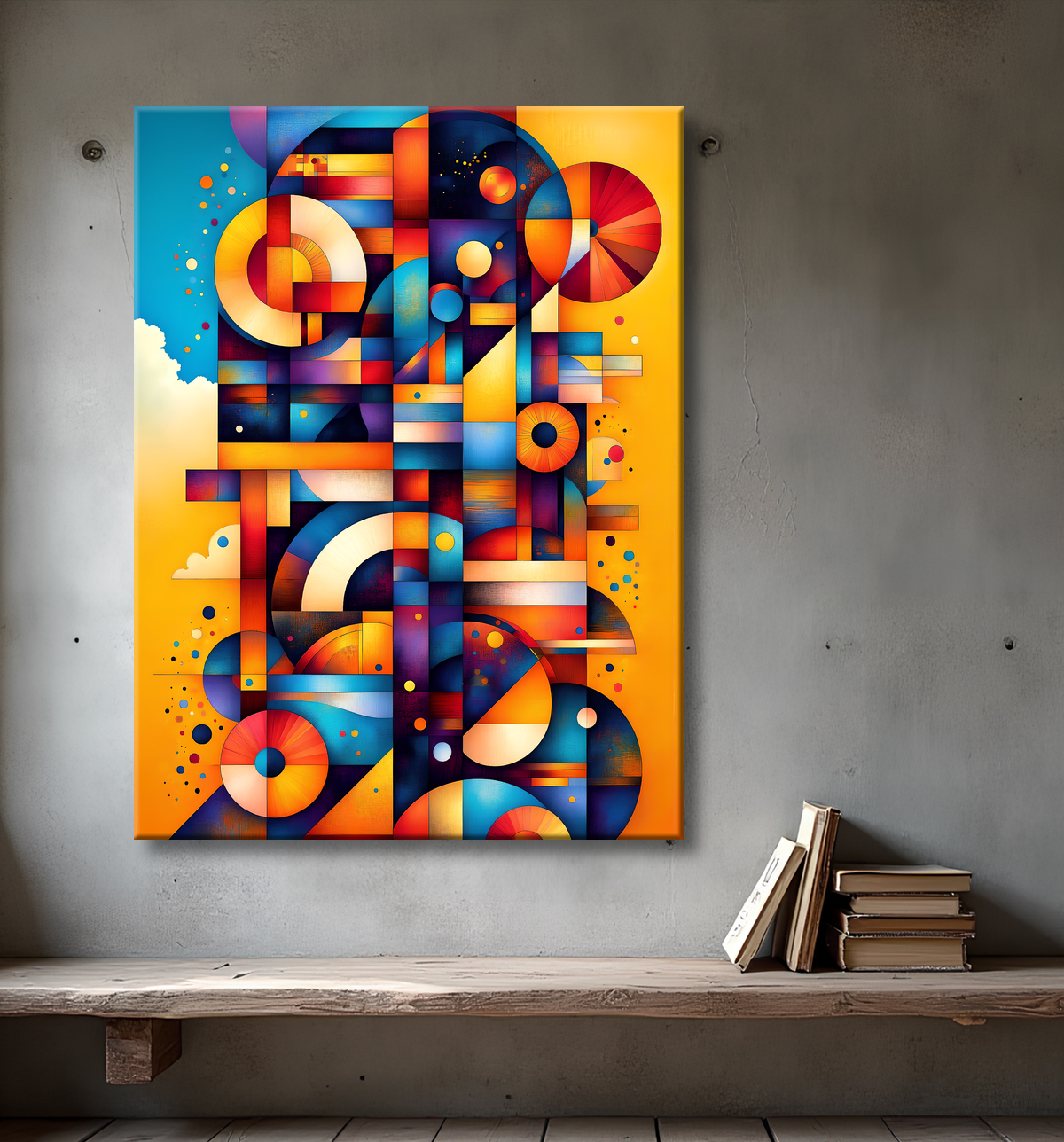 Tableau abstrait motifs africains géométriques et couleurs éclatantes avec decor