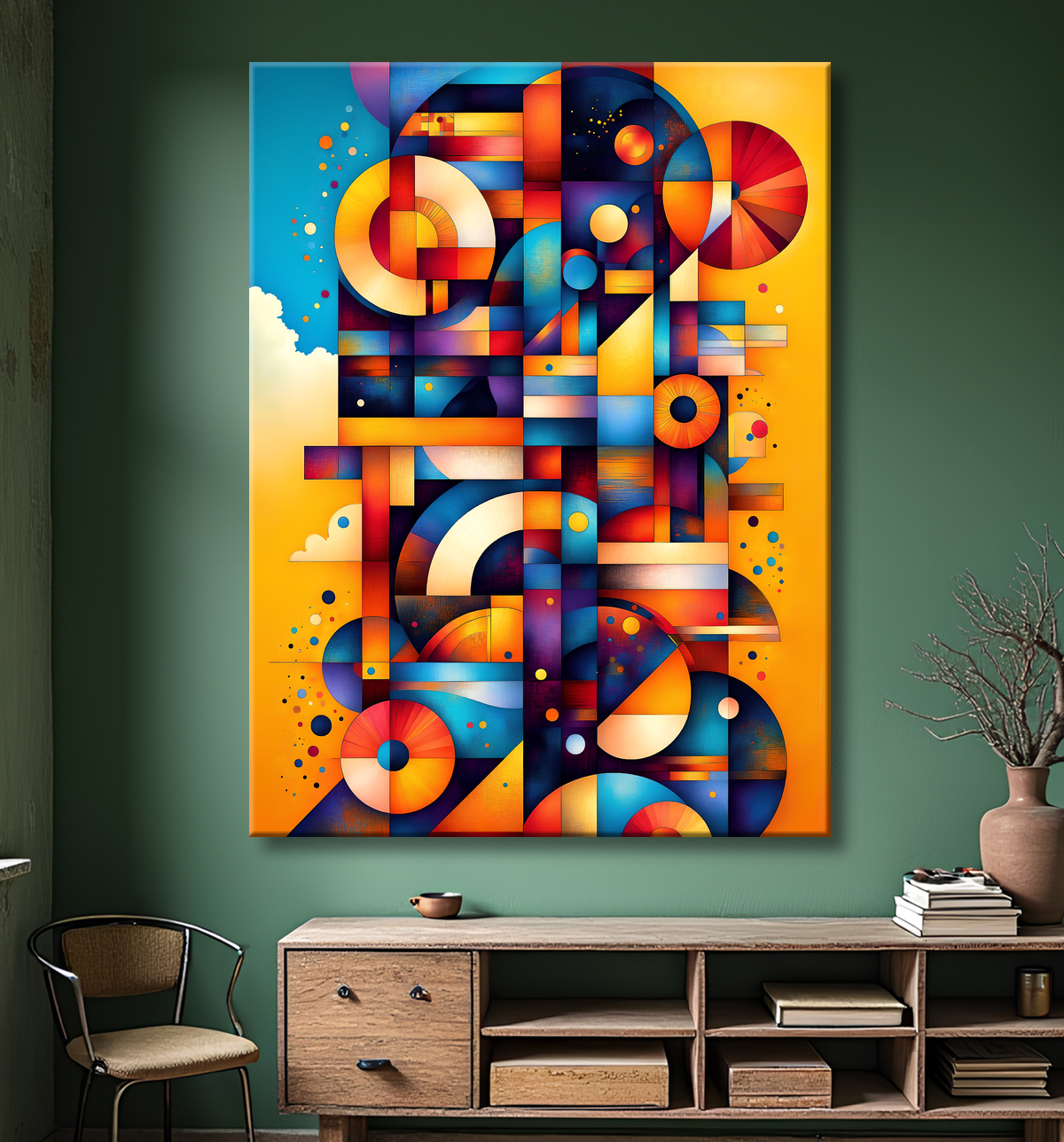 Tableau abstrait aux motifs géométriques multicolores africains, idéal pour dynamiser votre décoration intérieure avec originalité et modernité.