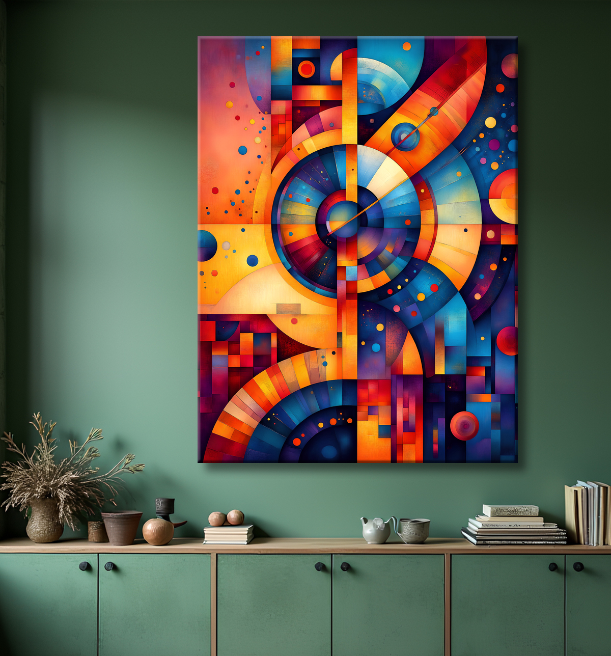 Tableau abstrait motifs africains géométriques et couleurs éclatantes avec decor