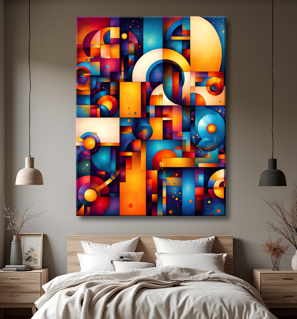 Tableau abstrait aux motifs géométriques multicolores africains, idéal pour dynamiser votre décoration intérieure avec originalité et modernité.