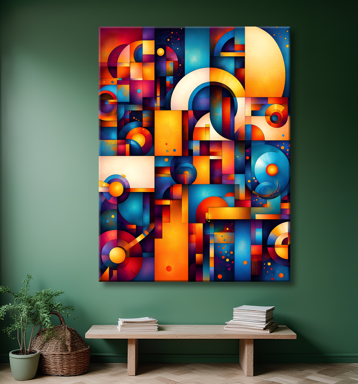 Tableau abstrait motifs africains géométriques et couleurs éclatantes avec decor
