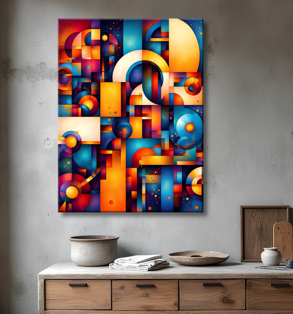 Tableau abstrait motifs africains géométriques et couleurs éclatantes avec decor