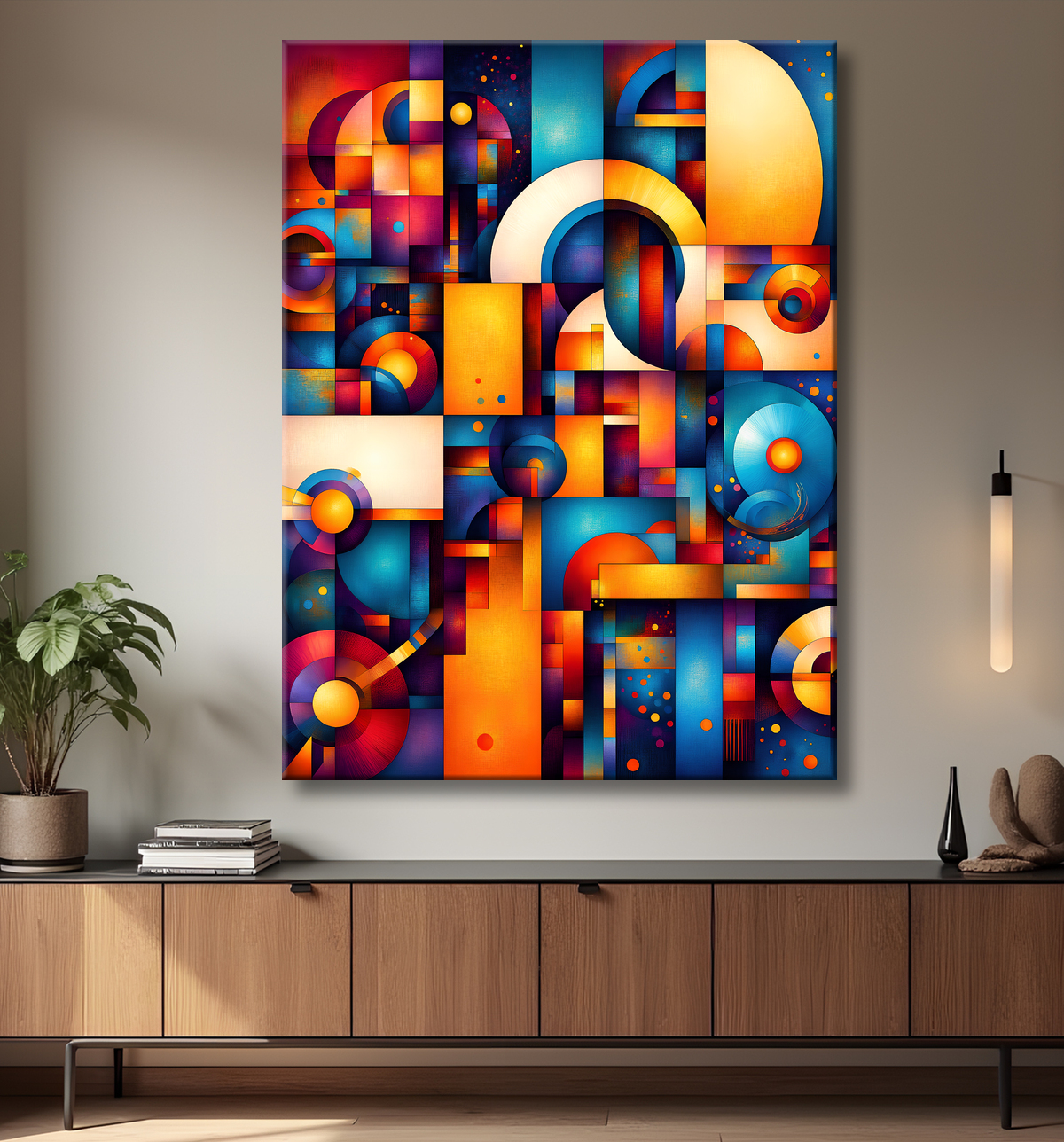 Tableau abstrait motifs africains géométriques et couleurs éclatantes avec decor