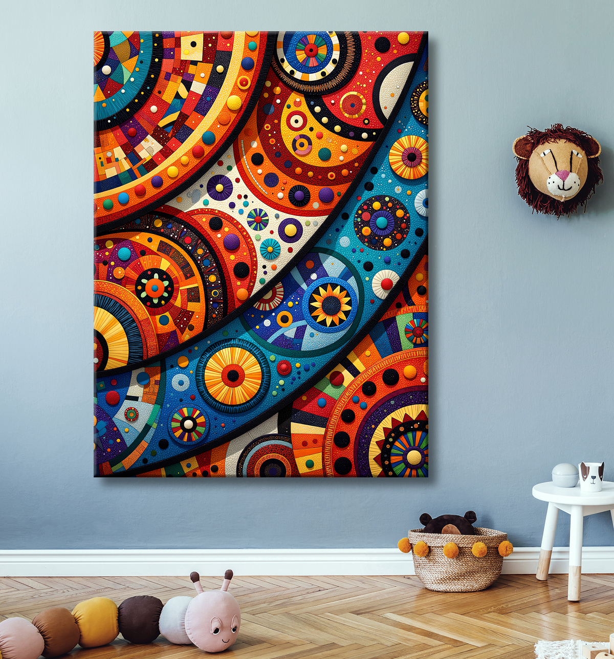 Tableau abstrait motifs africains géométriques et couleurs éclatantes avec decor