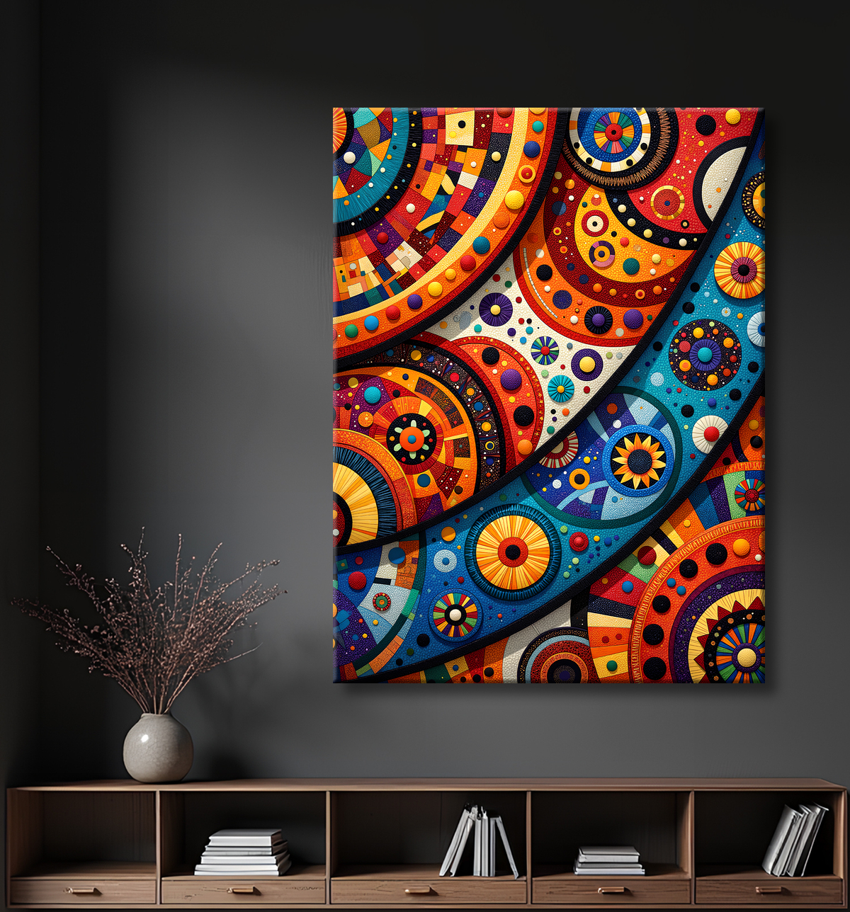 Tableau abstrait motifs africains géométriques et couleurs éclatantes avec decor