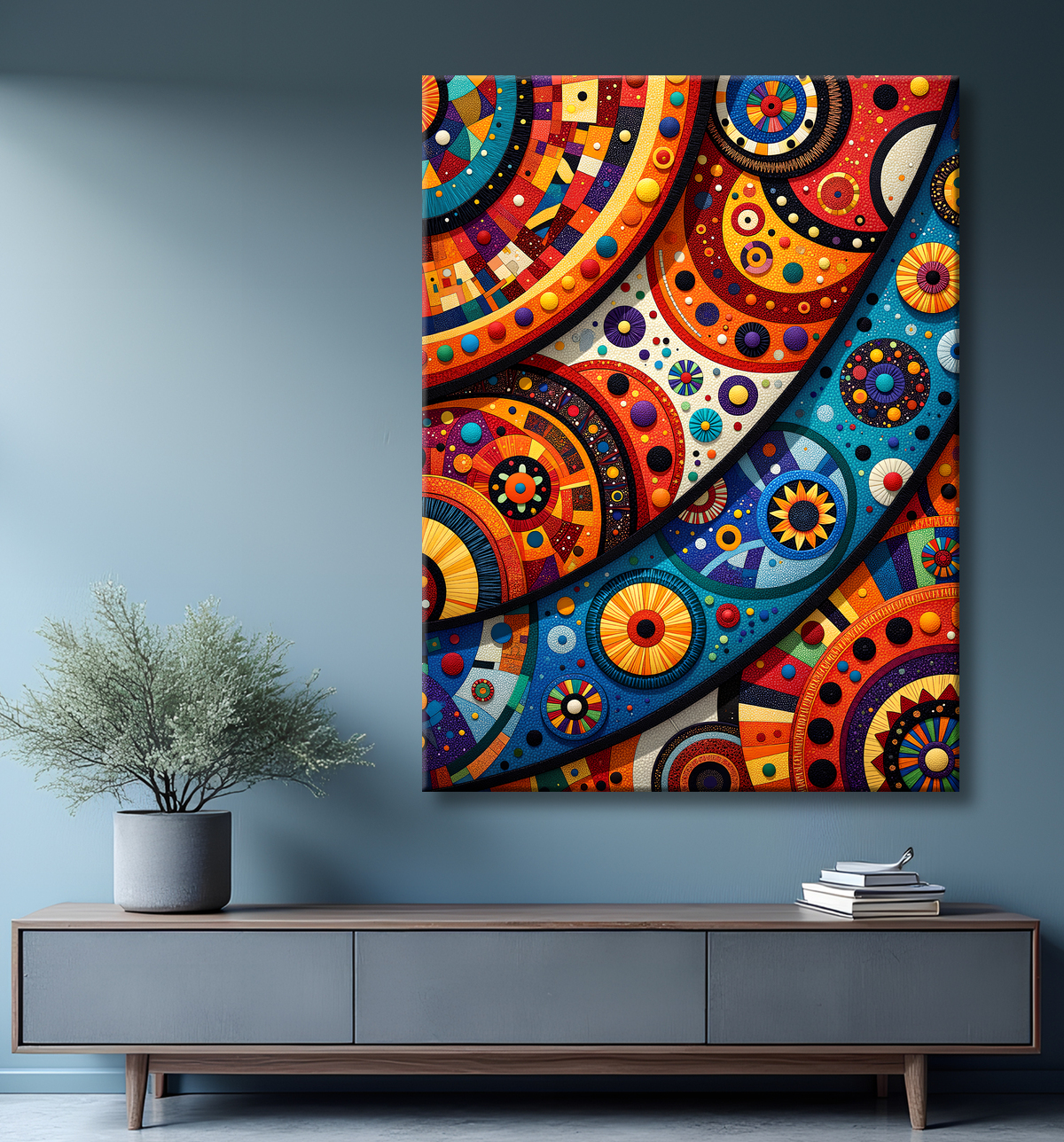 Tableau abstrait motifs africains géométriques et couleurs éclatantes avec decor