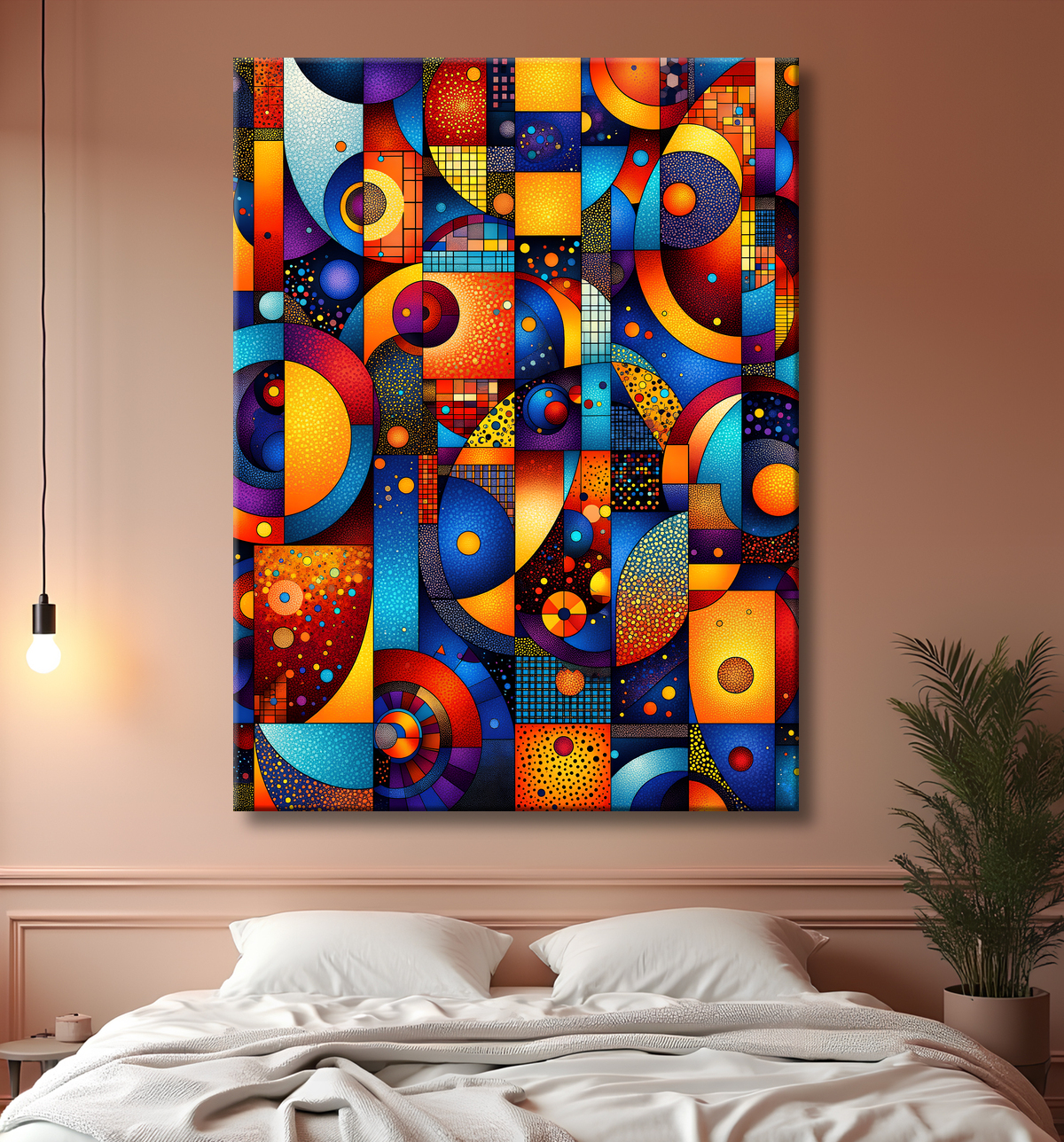 Tableau abstrait motifs africains géométriques et couleurs éclatantes avec decor