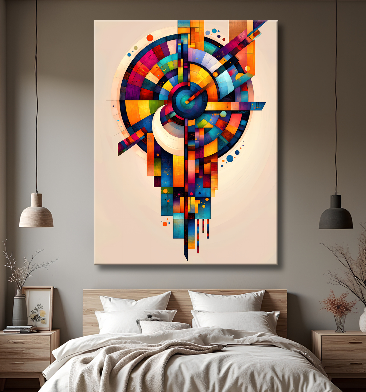Tableau abstrait aux motifs géométriques multicolores africains, idéal pour dynamiser votre décoration intérieure avec originalité et modernité.