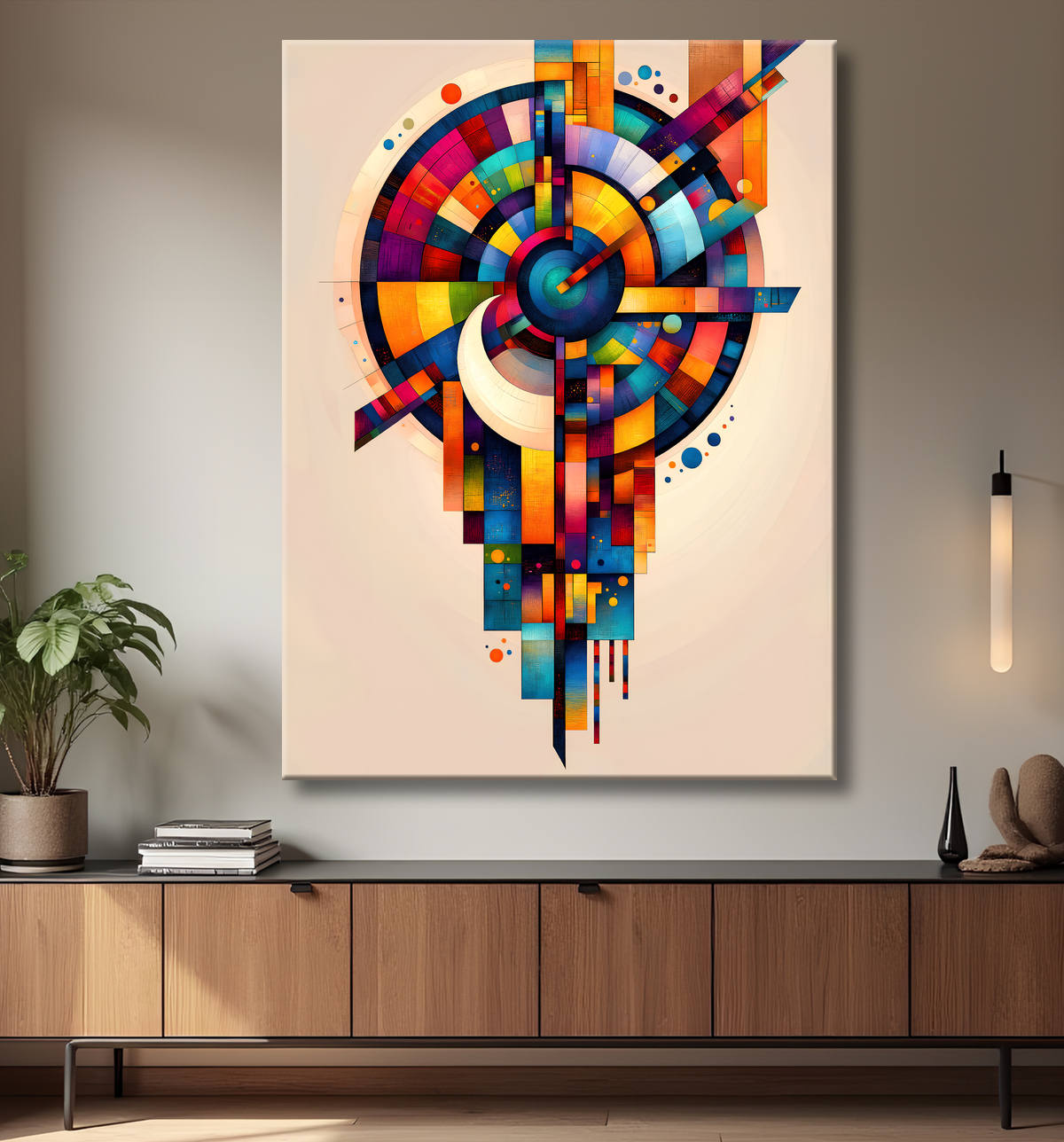 Tableau abstrait motifs africains géométriques et couleurs éclatantes avec decor