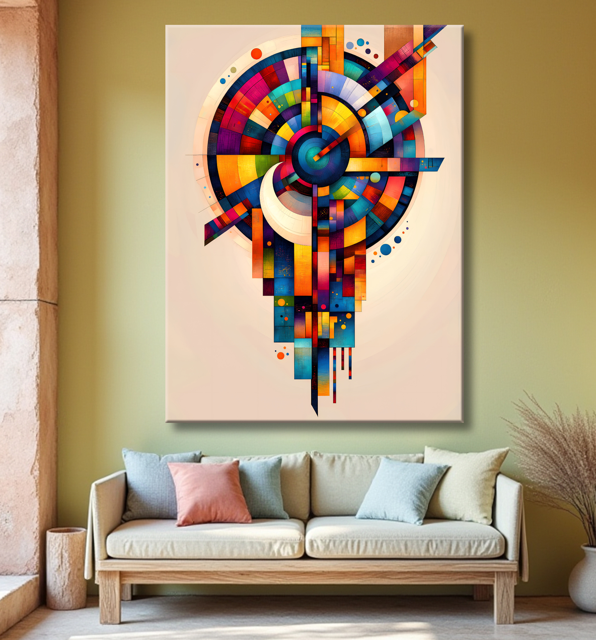 Tableau abstrait motifs africains géométriques et couleurs éclatantes avec decor