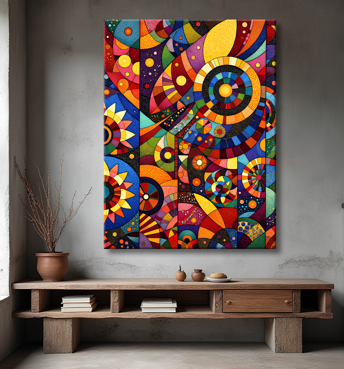 Tableau abstrait motifs africains géométriques et couleurs éclatantes avec decor