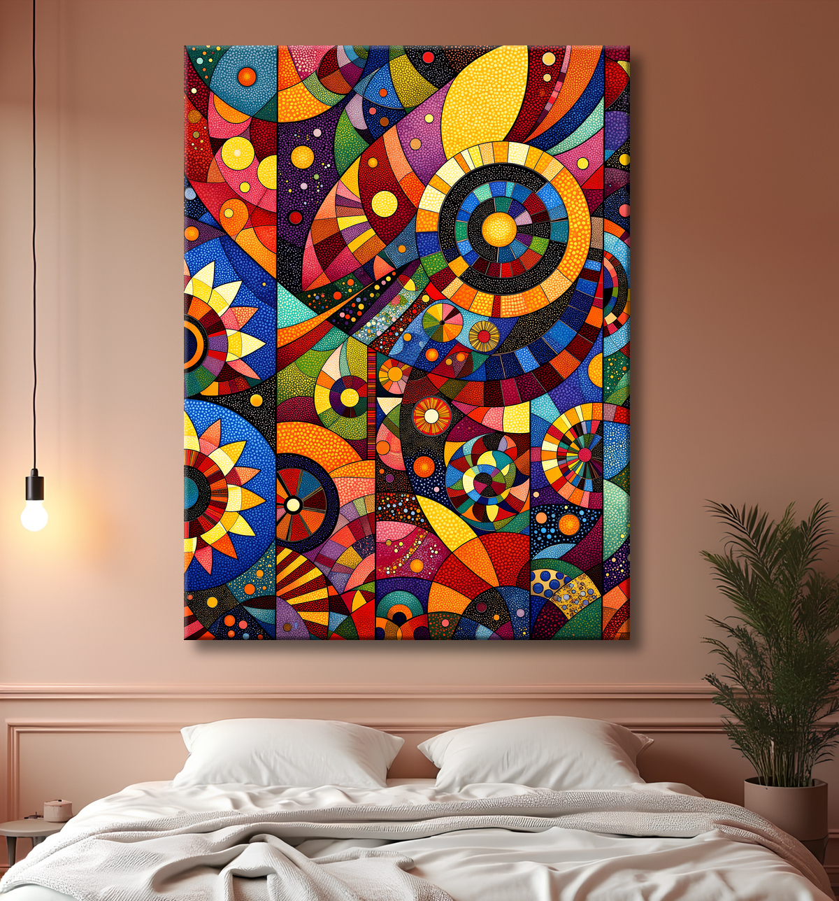 Tableau abstrait motifs africains géométriques et couleurs éclatantes avec decor