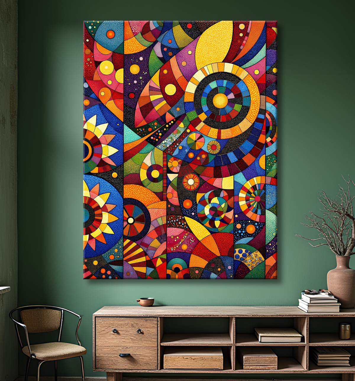 Tableau abstrait aux motifs géométriques multicolores africains, idéal pour dynamiser votre décoration intérieure avec originalité et modernité.