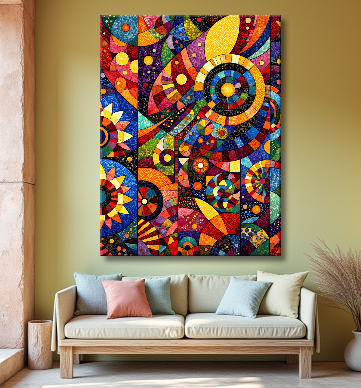 Tableau abstrait motifs africains géométriques et couleurs éclatantes avec decor