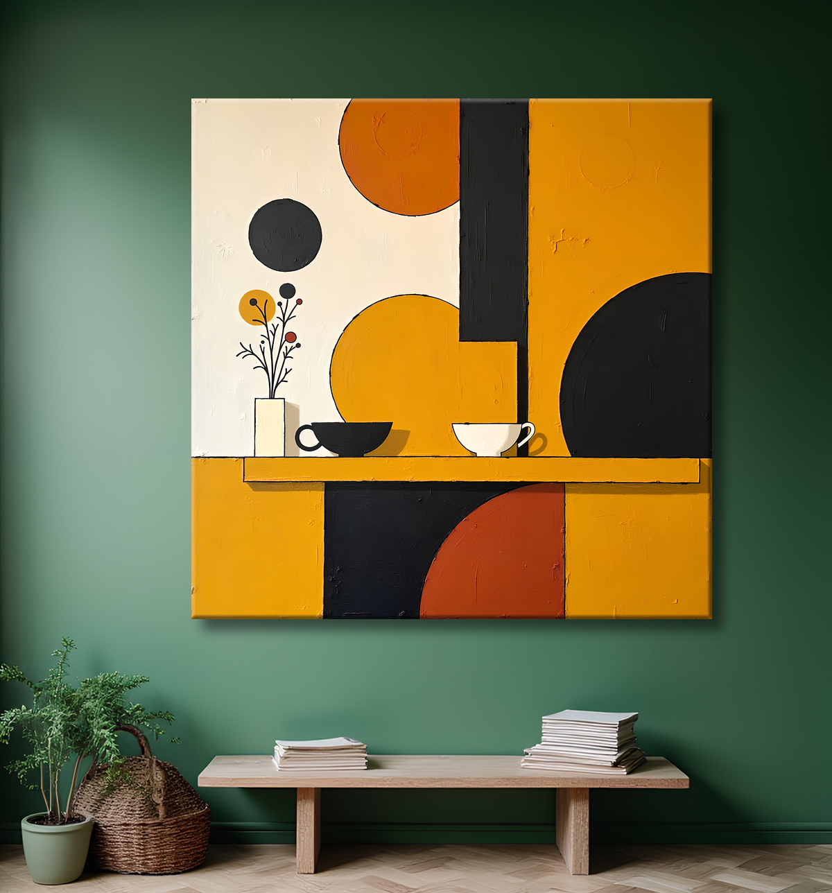 Tableau abstrait ocre jaune minimaliste avec decor