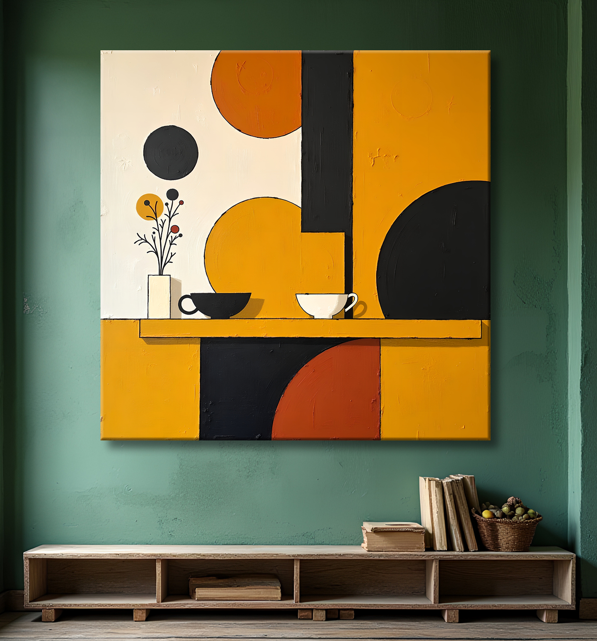 Tableau abstrait ocre jaune minimaliste avec decor