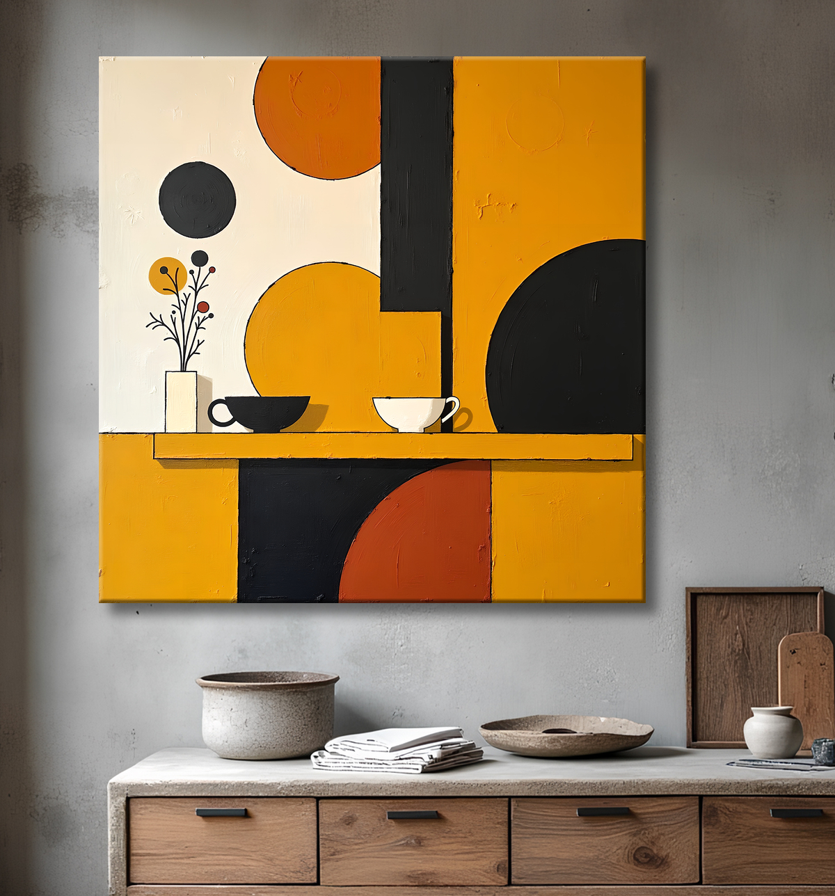 Tableau abstrait ocre jaune minimaliste avec decor