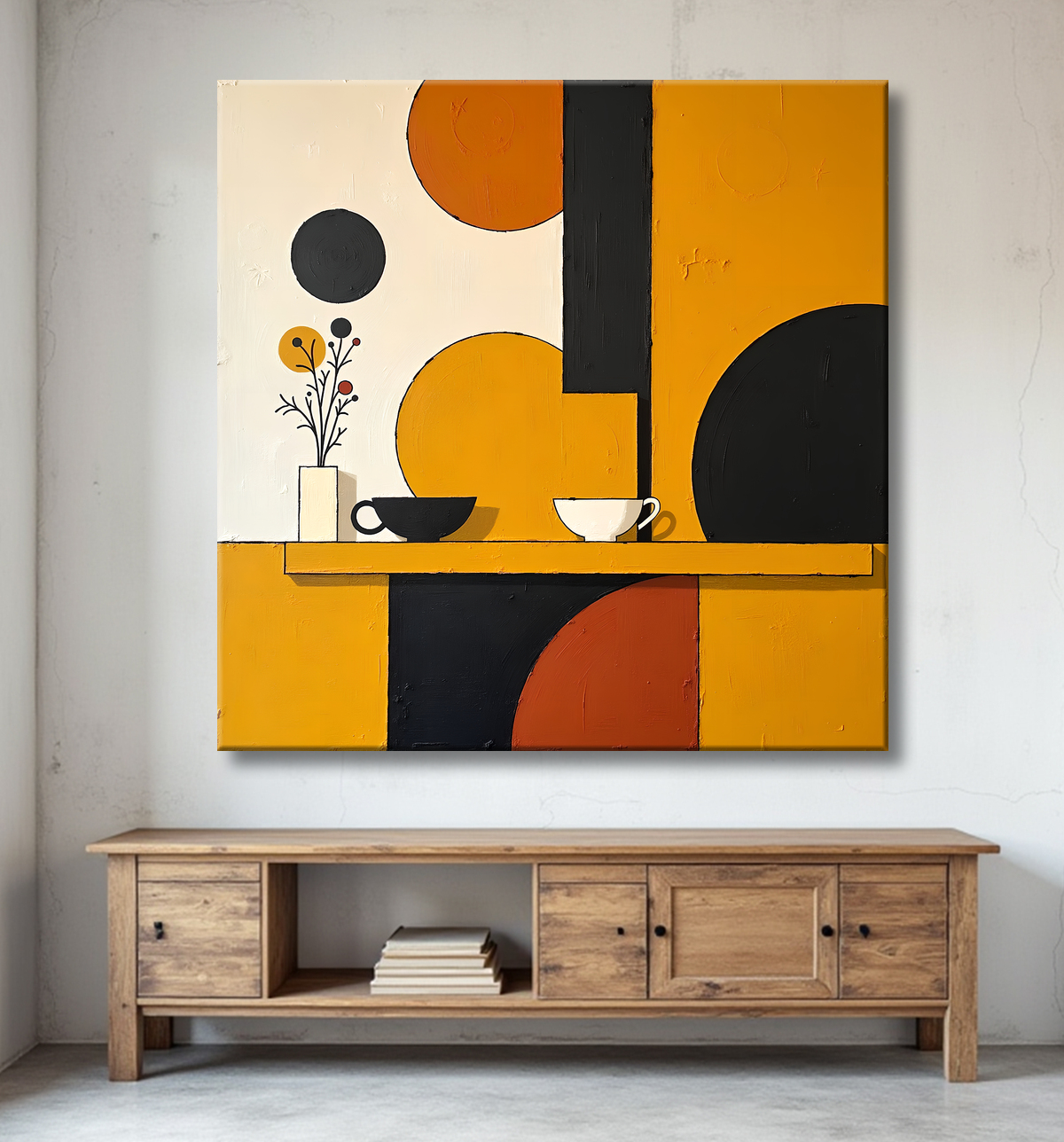 Tableau abstrait ocre jaune minimaliste avec decor