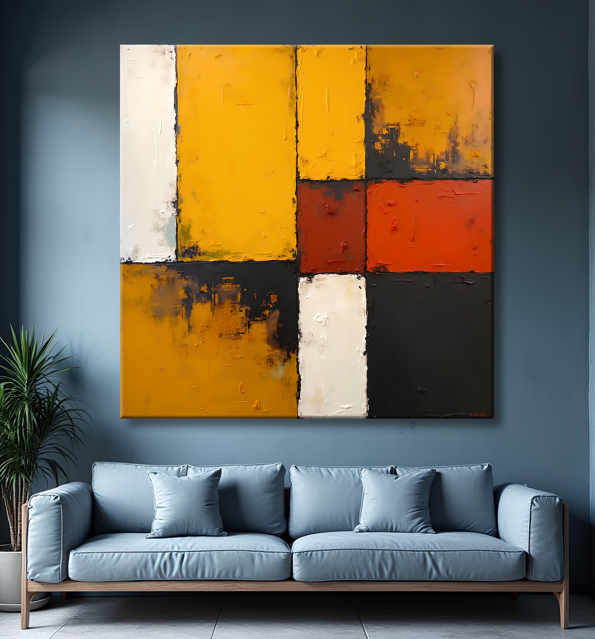 Tableau abstrait ocre jaune minimaliste avec decor