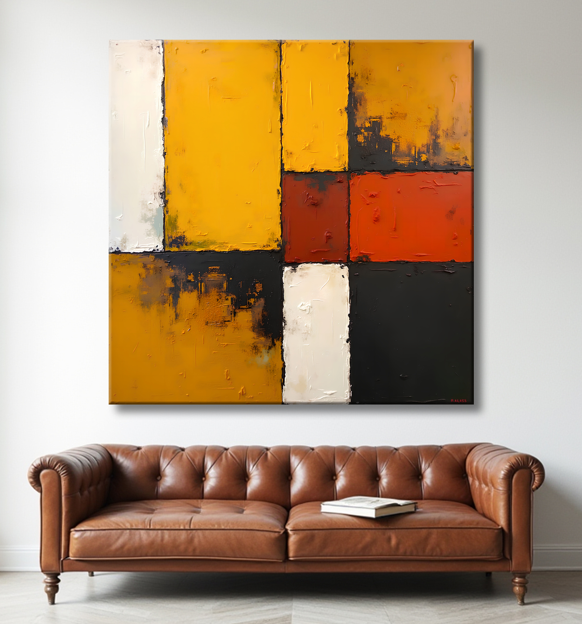 Tableau abstrait ocre jaune minimaliste avec decor