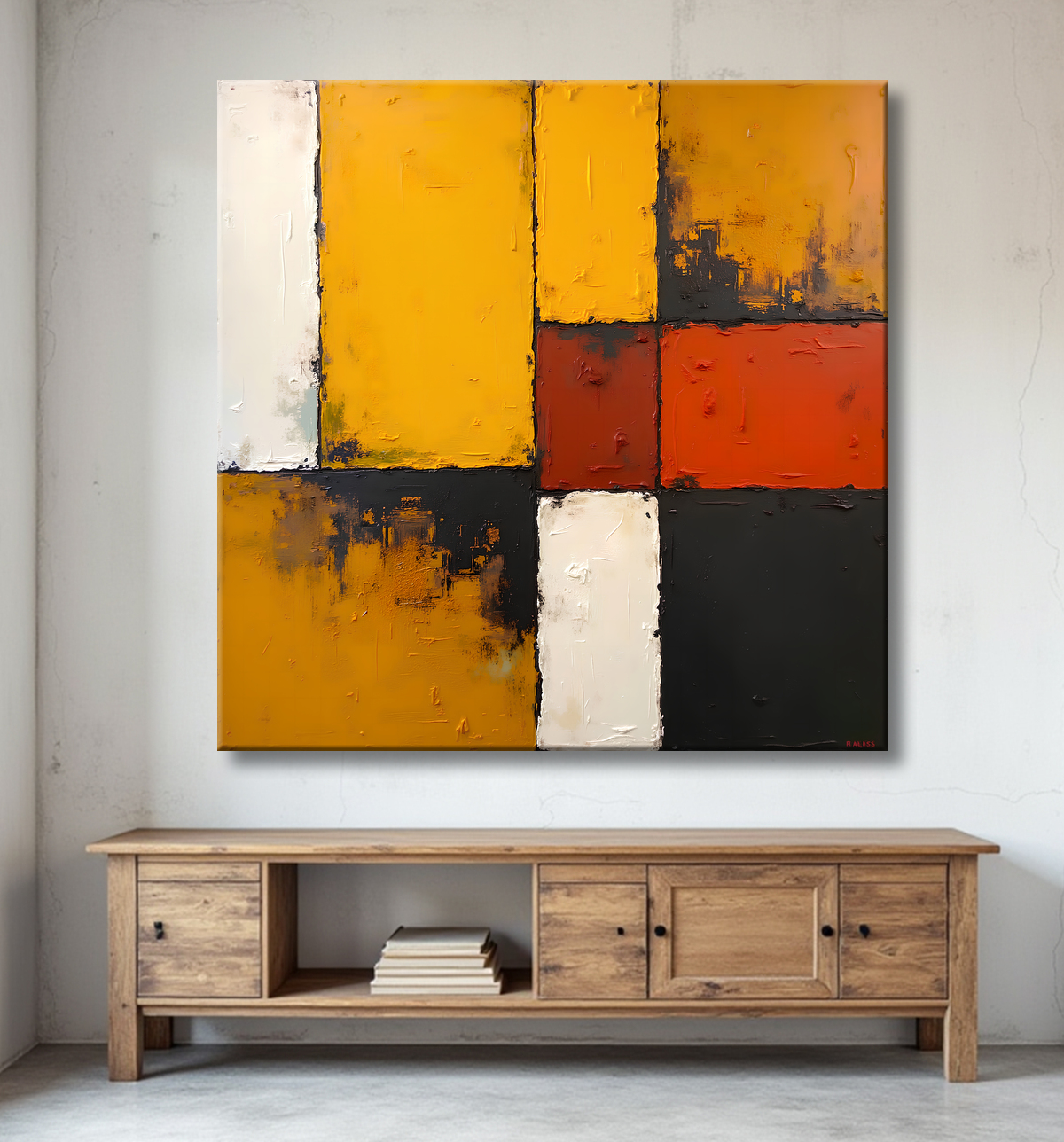 Tableau abstrait ocre jaune minimaliste avec decor