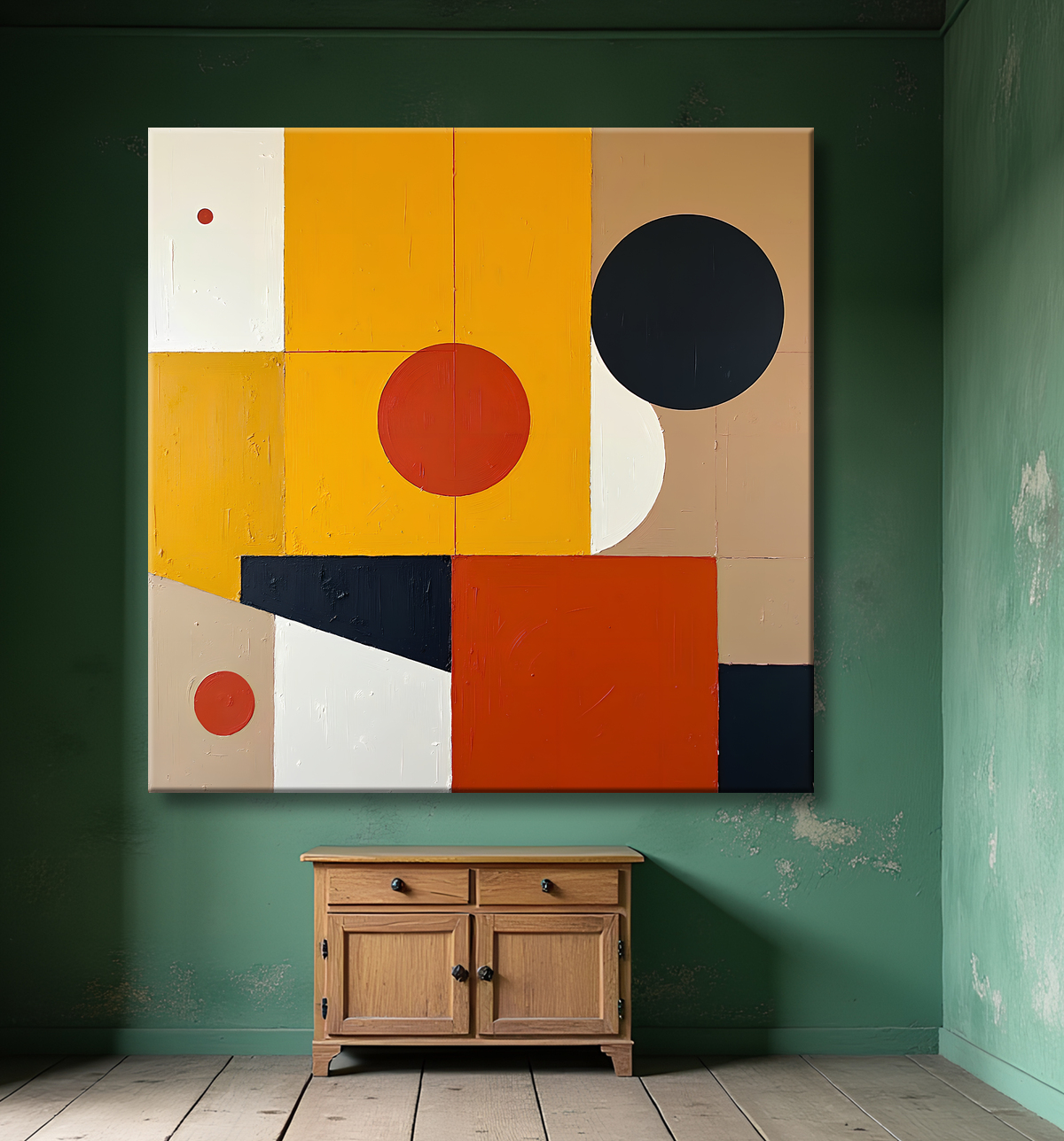 Tableau abstrait ocre jaune minimaliste avec decor