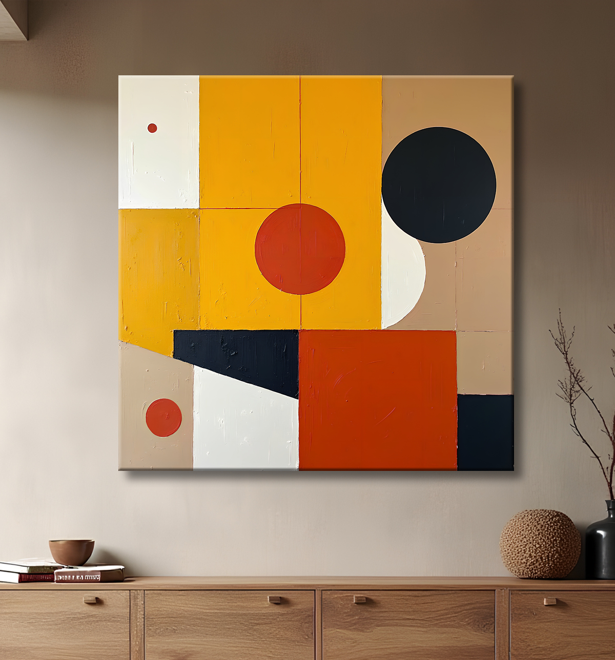 Tableau abstrait ocre jaune minimaliste avec decor
