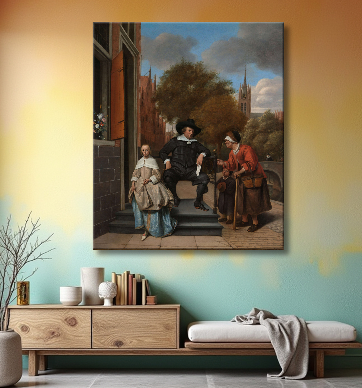 Reproduction Adolf et Catharina Croeser, dits « le bourgmestre de Delft et sa fille » de Jan Havicksz. Steen avec decor