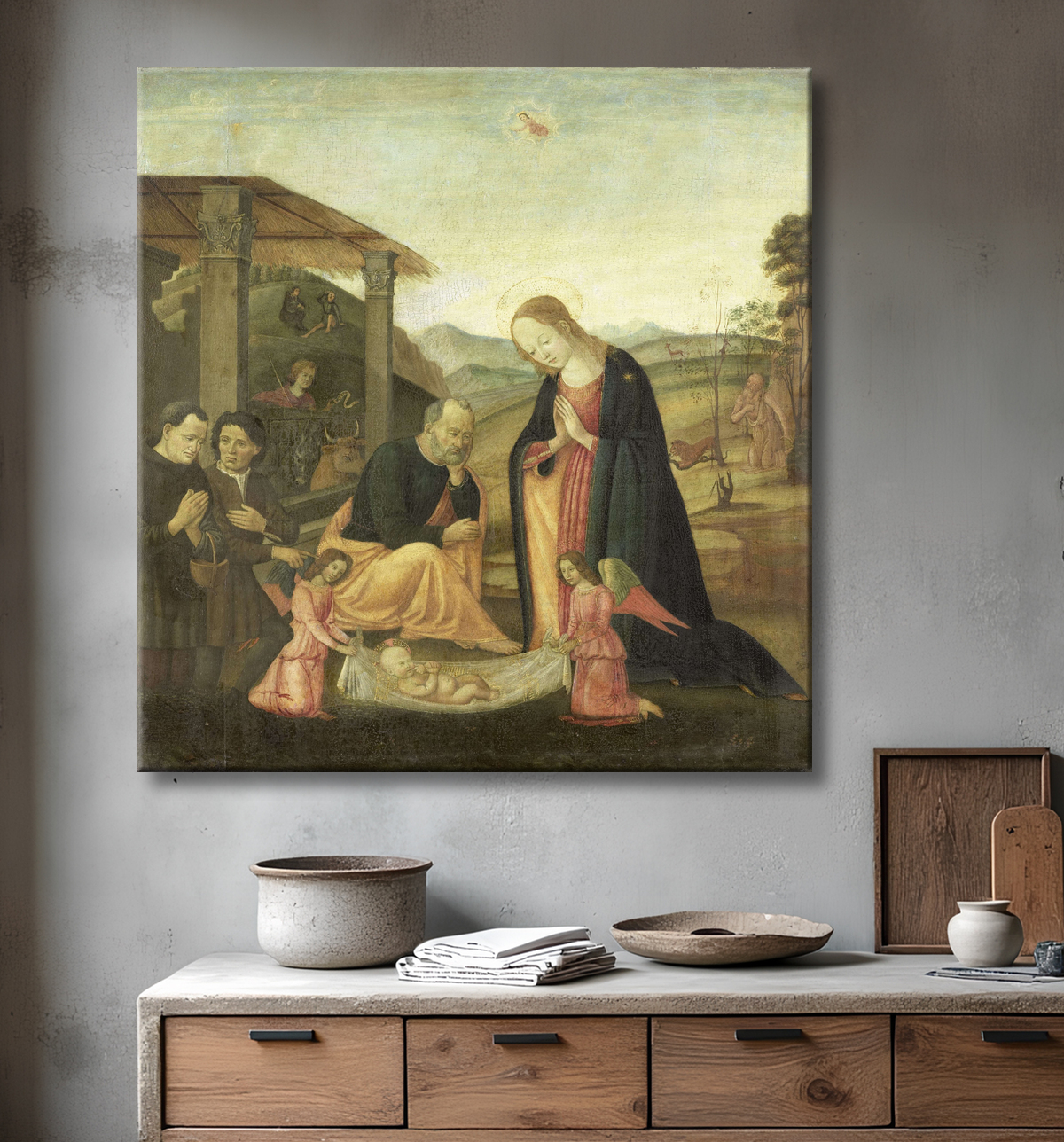 Reproduction Adoration de l'Enfant Jésus de Jacopo del Sellaio avec decor