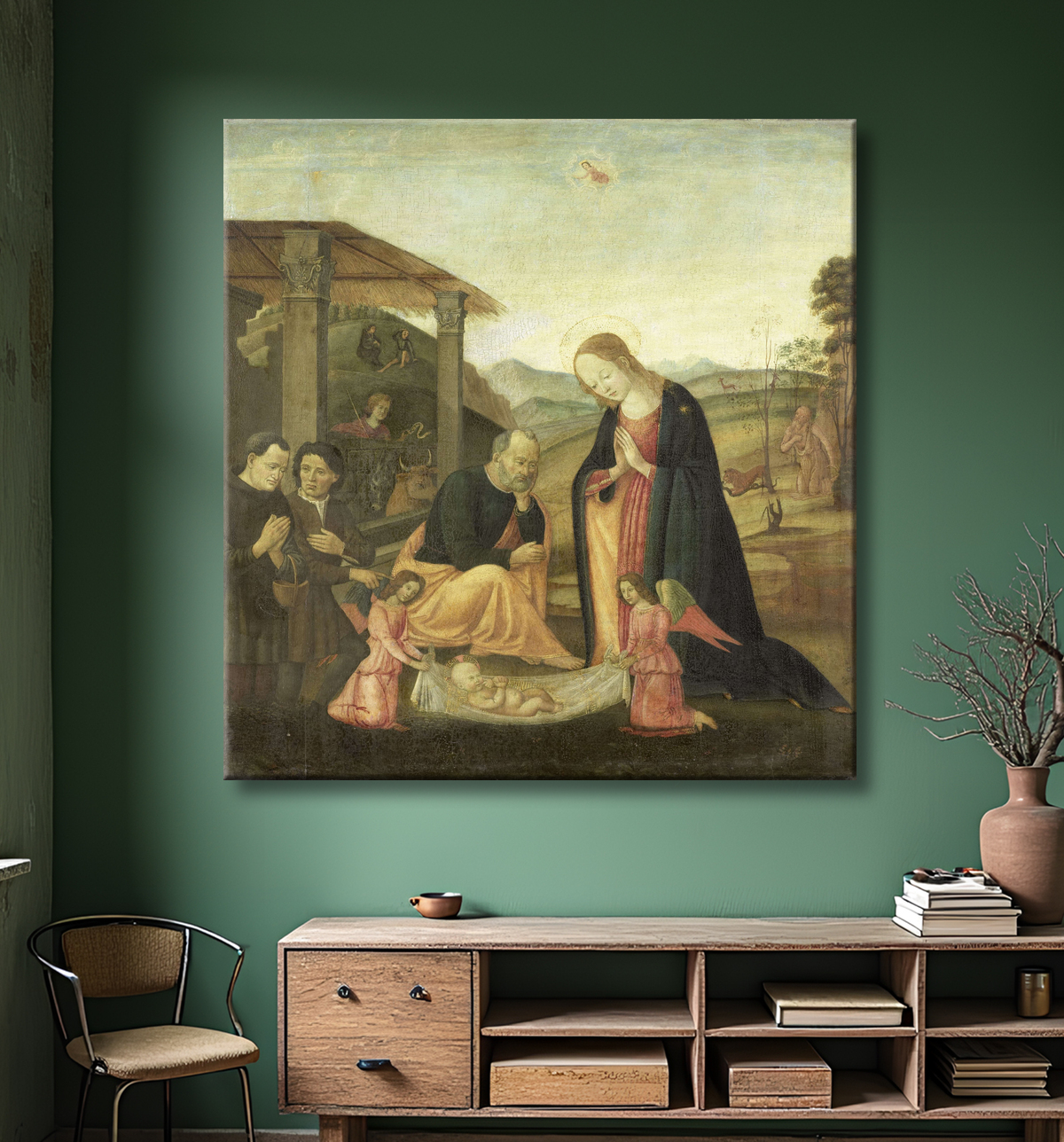 Reproduction Adoration de l'Enfant Jésus de Jacopo del Sellaio avec decor