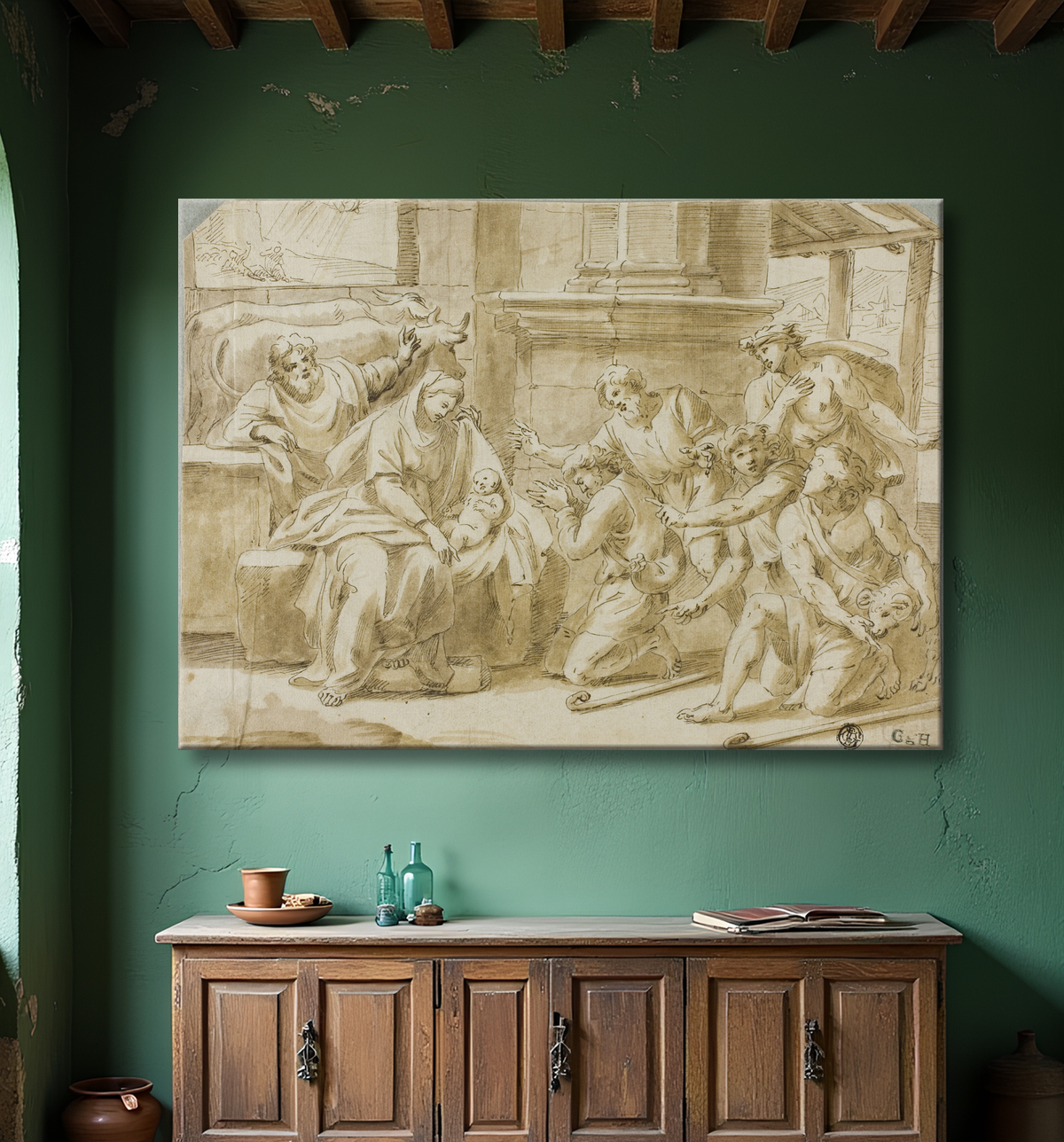 Reproduction Adoration des bergers de Nicolas Poussin avec decor