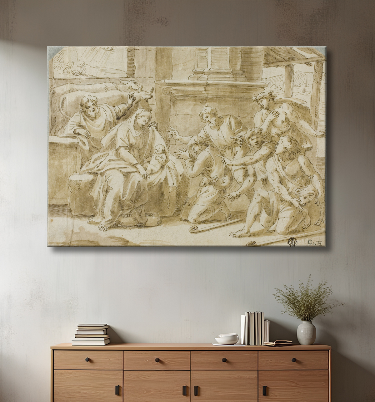 Reproduction Adoration des bergers de Nicolas Poussin avec decor