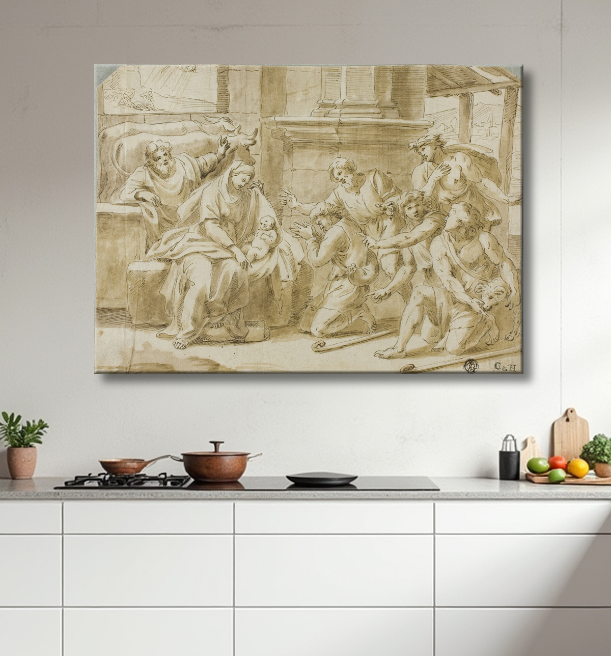 Reproduction Adoration des bergers de Nicolas Poussin avec decor