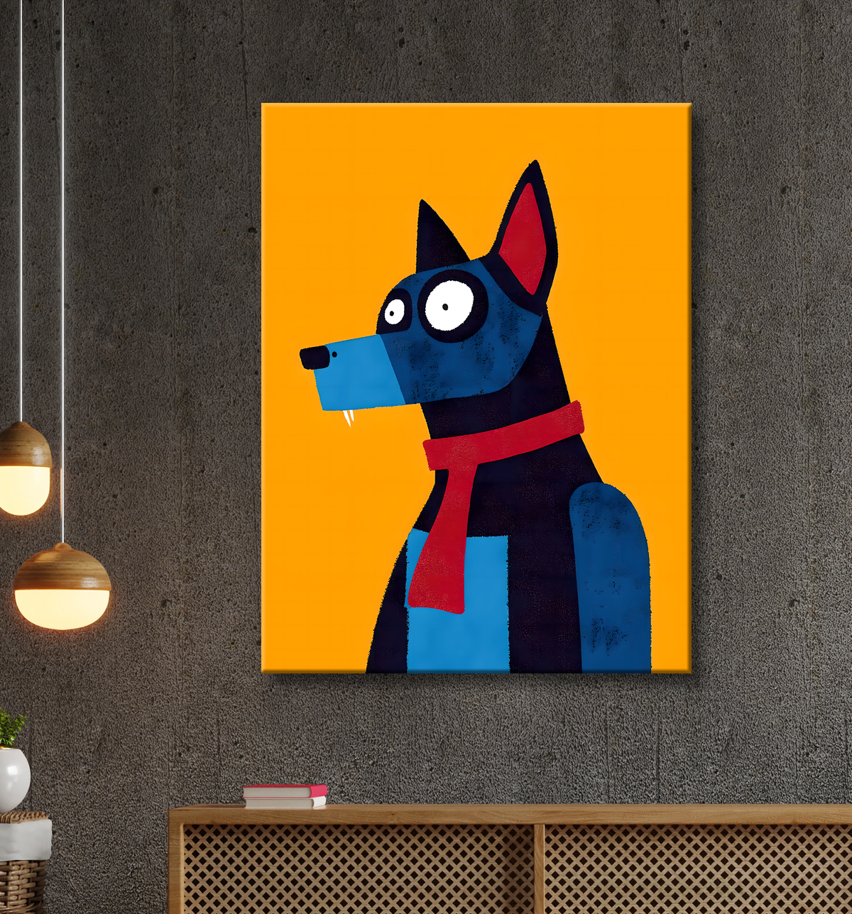Tableau minimaliste et contemporain d'un chien avec decor