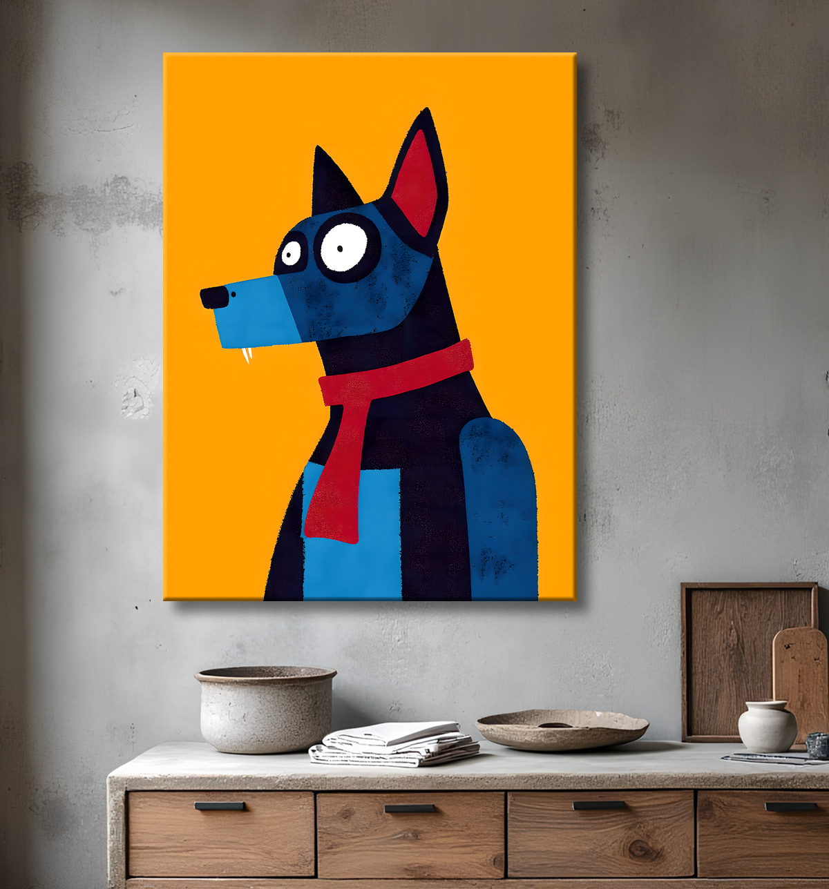 Tableau minimaliste et contemporain d'un chien avec decor