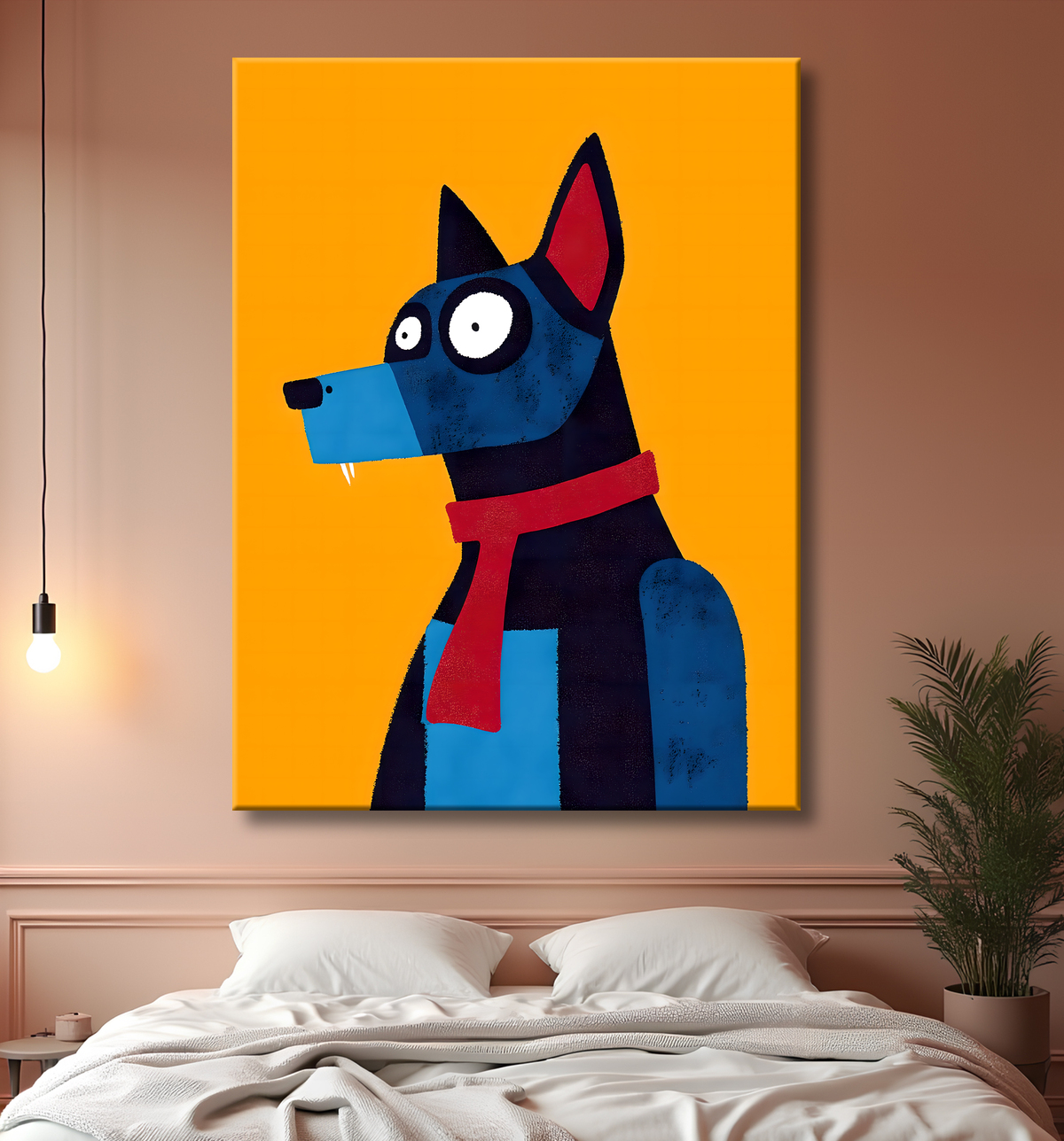 Tableau minimaliste représentant un chien stylisé, conçu à partir de formes géométriques modernes et de couleurs dynamiques. Parfait pour une décoration épurée et actuelle.