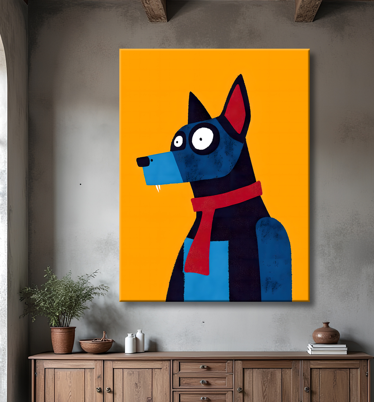 Tableau minimaliste et contemporain d'un chien avec decor