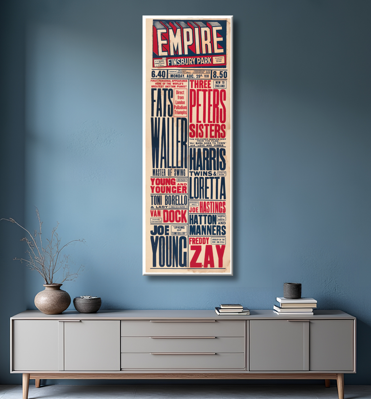Reproduction Affiche annonçant la performance de Fats Waller à l'Empire Theatre de Finsbury Park de Unidentified avec decor