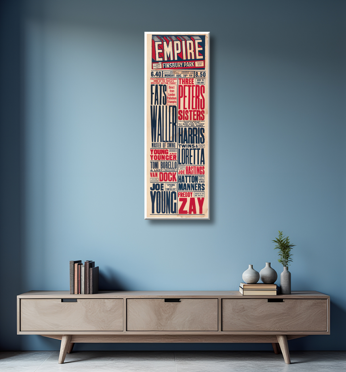 Reproduction Affiche annonçant la performance de Fats Waller à l'Empire Theatre de Finsbury Park de Unidentified avec decor