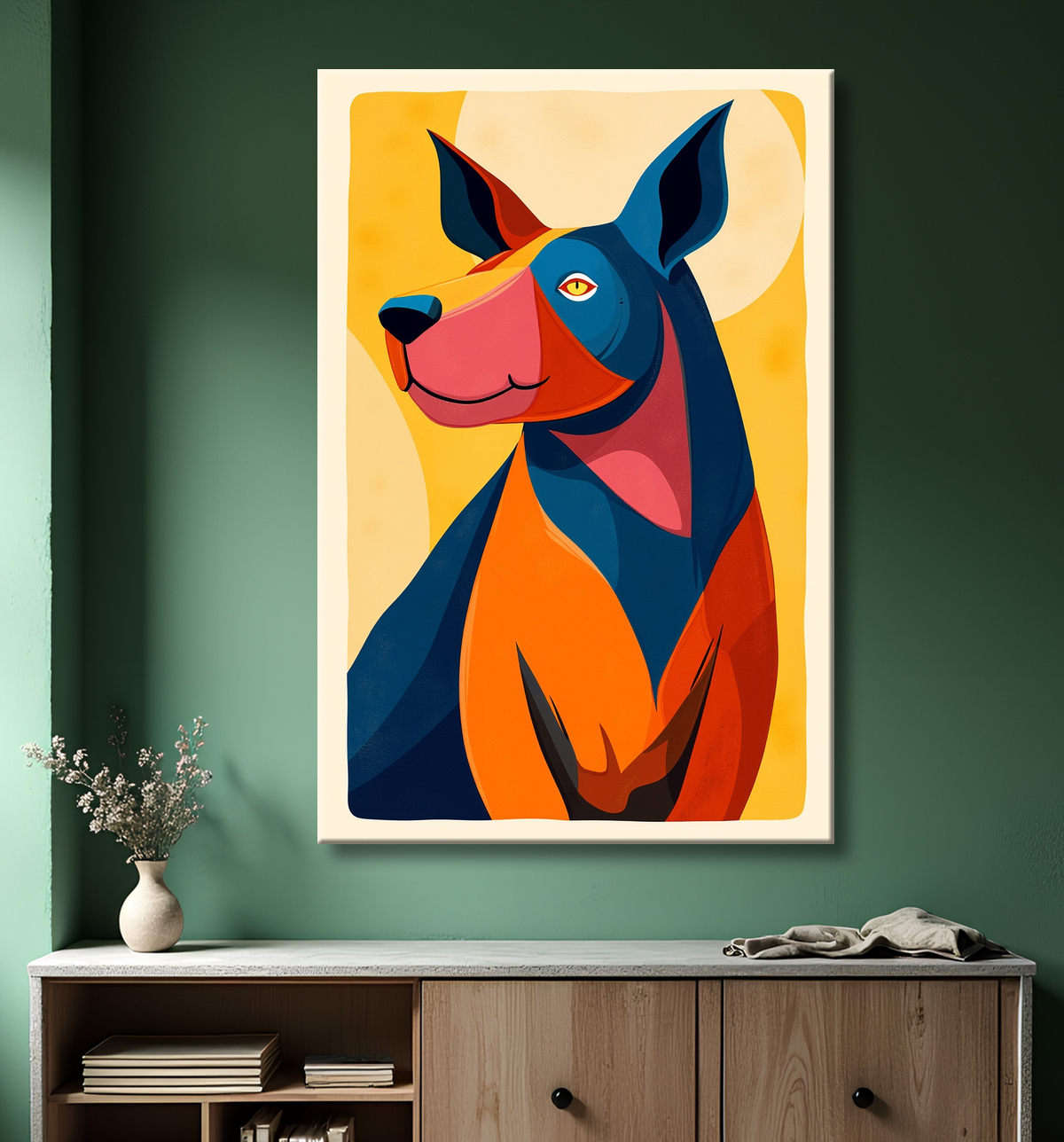 Tableau minimaliste et contemporain d'un chien avec decor