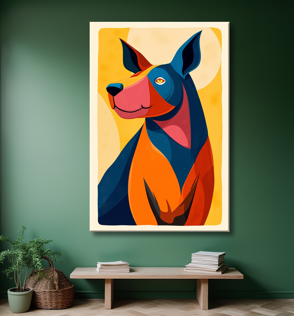 Tableau minimaliste et contemporain d'un chien avec decor