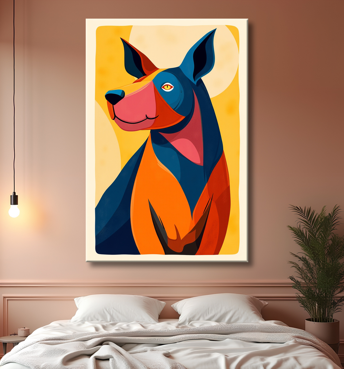 Tableau minimaliste et contemporain d'un chien avec decor