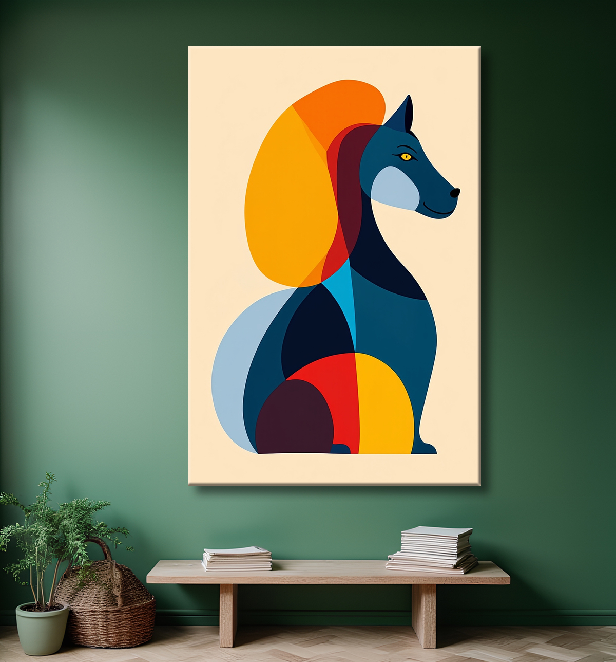 Tableau minimaliste et contemporain d'un chien avec decor